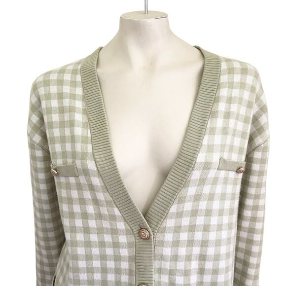 JOIE Bold Button Gingham Plaid Boyfriend Cardigan in Sage & White SZ L - Picture 3 of 10